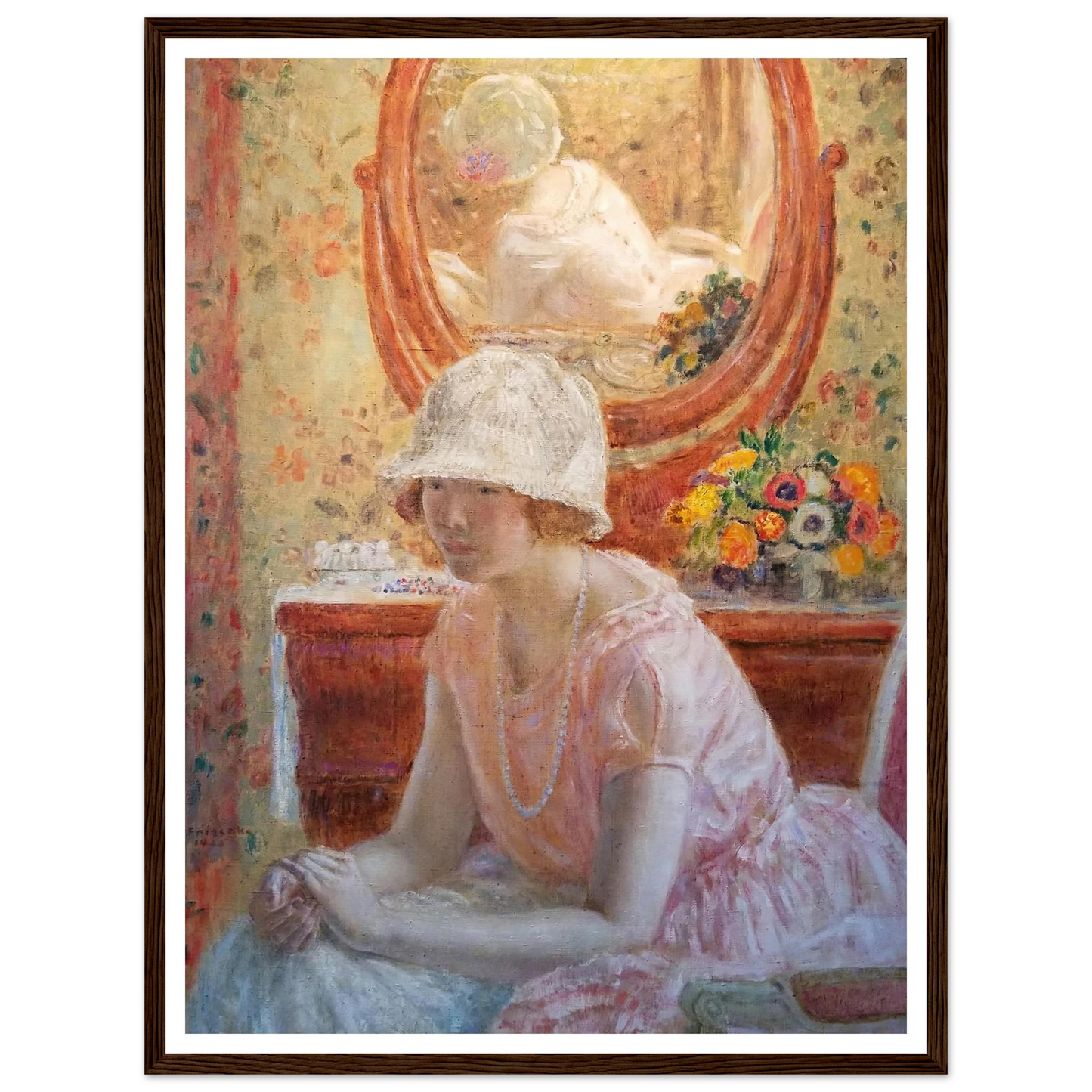 Young Girl Before a Mirror in a Pink Dress (1923) Art Print | Frederick Carl Frieseke-Quipham Collections