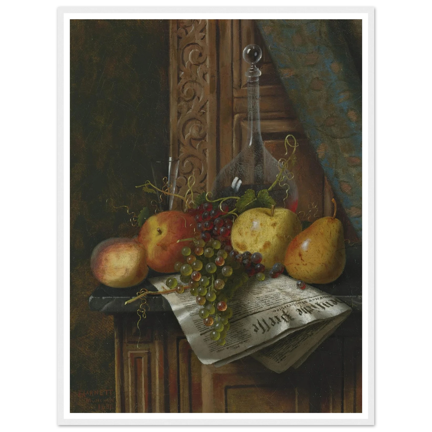 Still Life with Munich Newspaper, Fruit and Decanter (1881) Art Print | William Michael Harnett-Quipham Collections