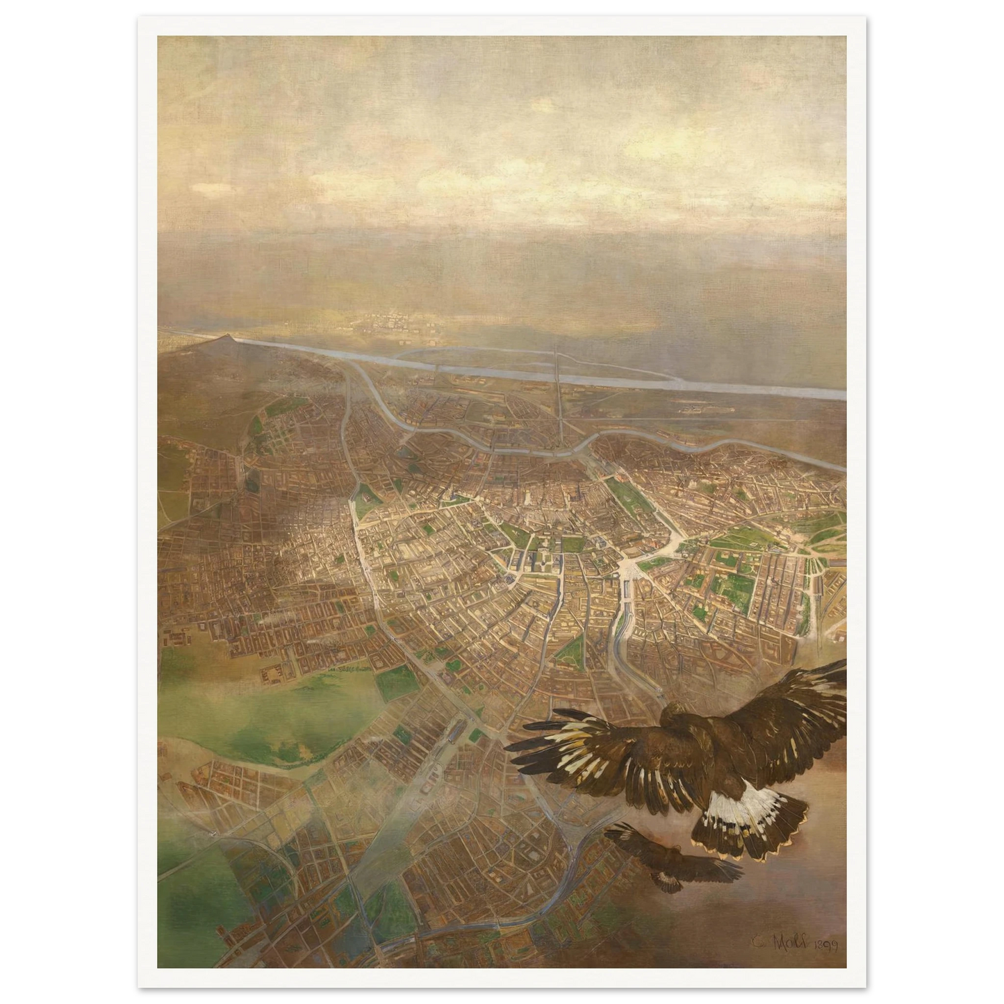 Blick auf Wien aus der Ballonhöhe von 3000m über der Schönbrunner Gloriette (1898) Art Print | Carl Moll-Quipham Collections