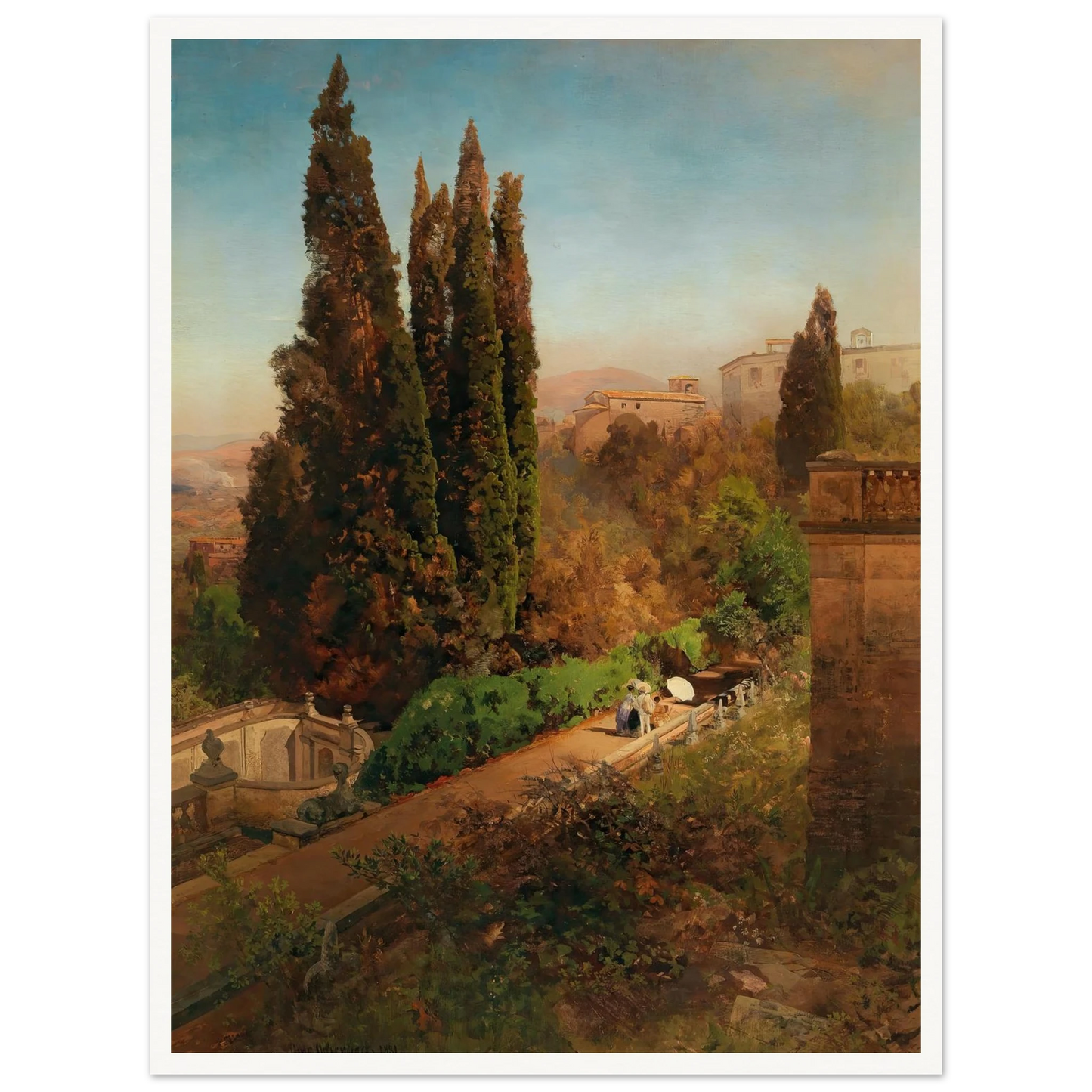 A view of the garden of Villa d’Este in Tivoli, near Rome Art Print | Oswald Achenbach-Quipham Collections
