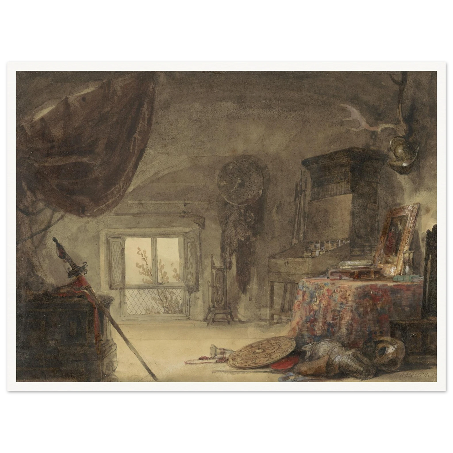 Zoldervertrek, ingericht als atelier (1830 - 1839) Art Print | David Roberts-Quipham Collections