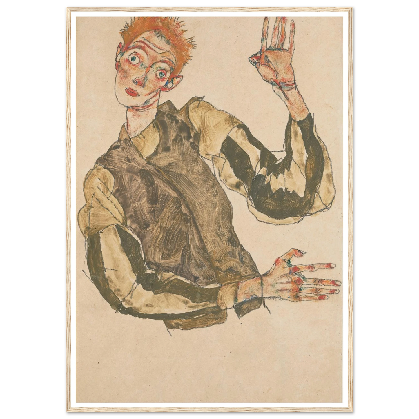 Self-Portrait with Striped Sleeves (1915) Art Print | Egon Schiele-Quipham Collections