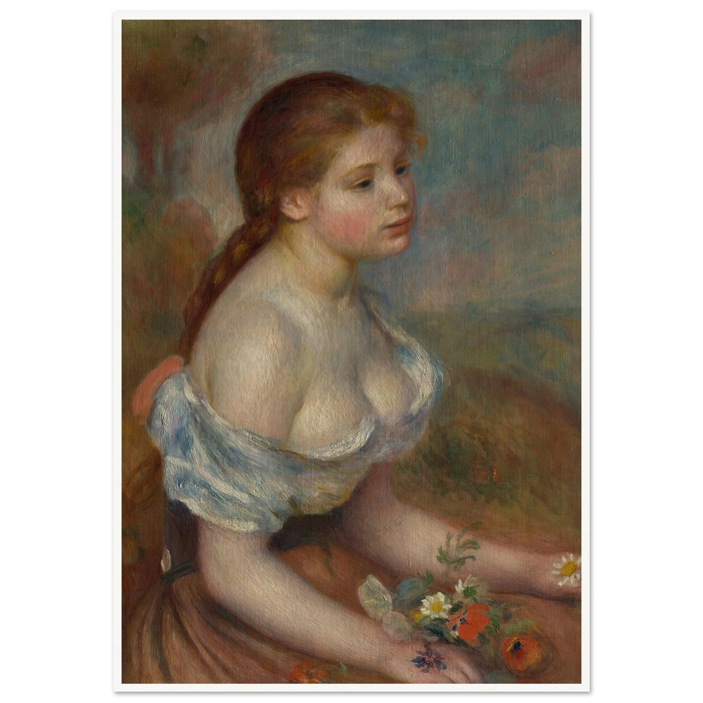 A Young Girl with Daisies (1889) Art Print | Pierre Auguste Renoir-Quipham Collections