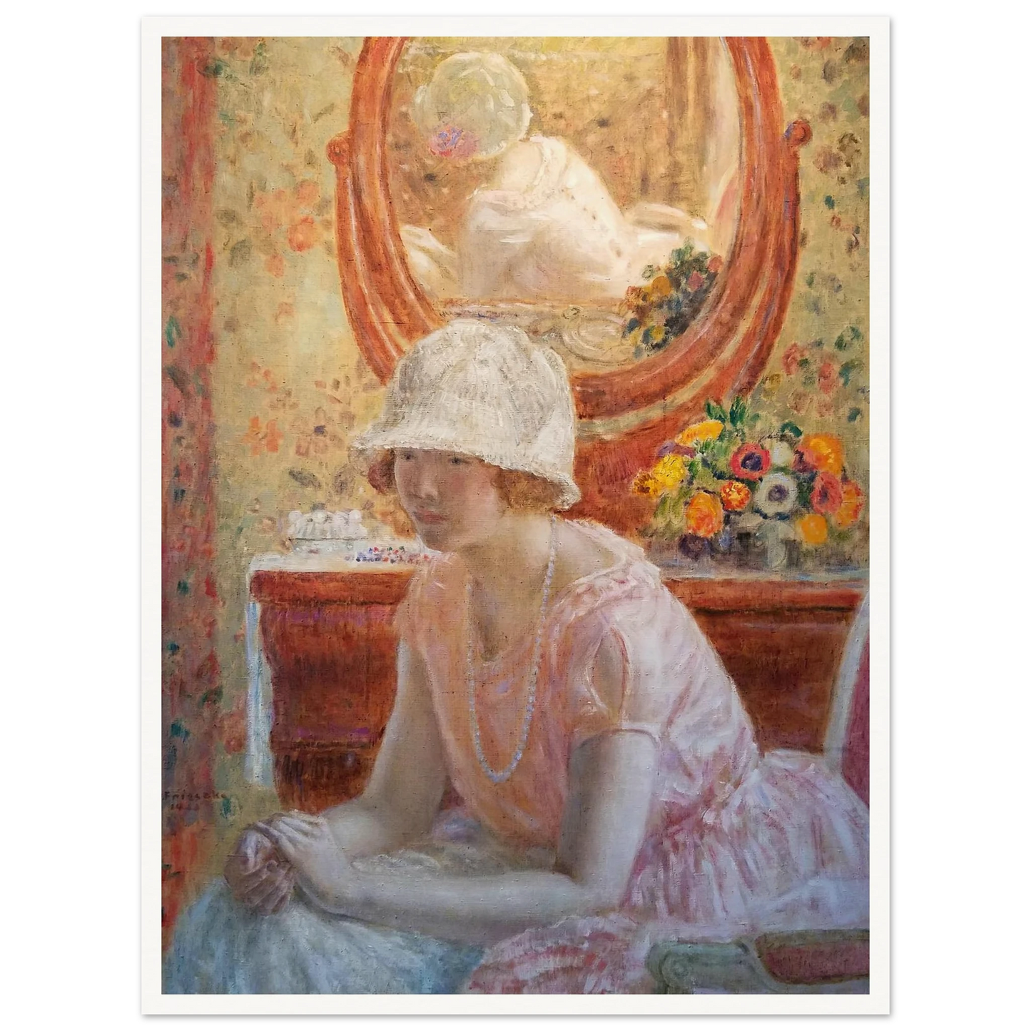 Young Girl Before a Mirror in a Pink Dress (1923) Art Print | Frederick Carl Frieseke-Quipham Collections