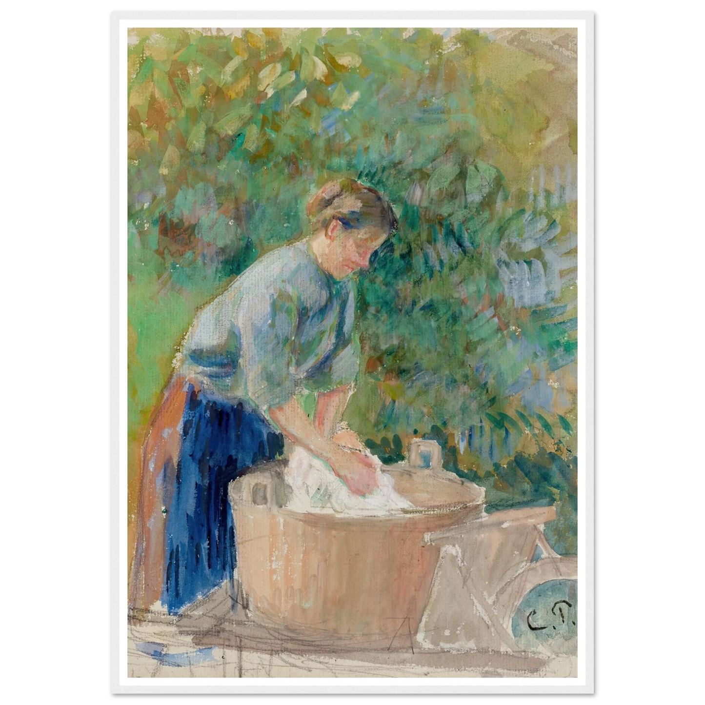 Femme lavant du linge dans un baquet (circa 1889) Art Print | Camille Pissarro-Quipham Collections