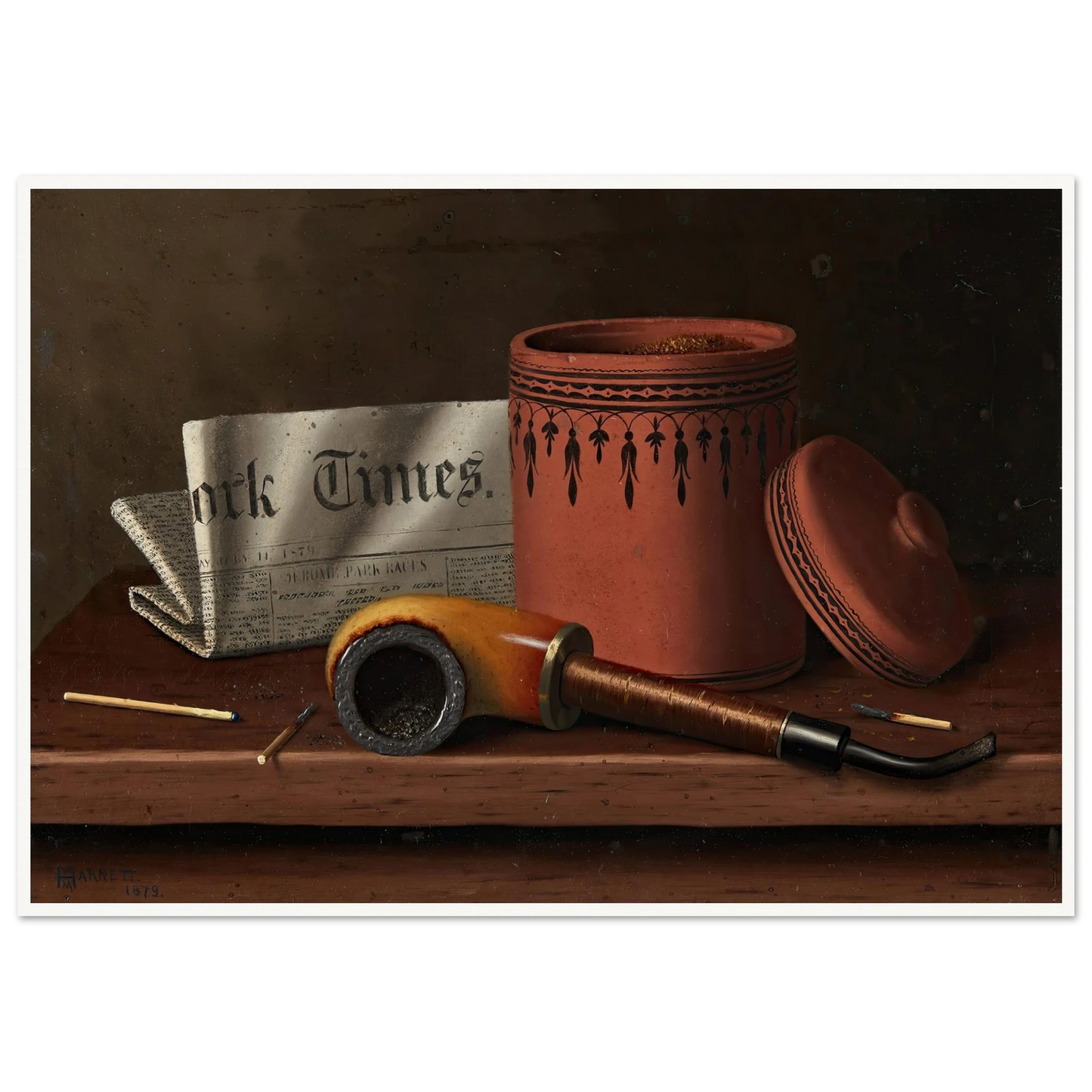 Still Life with New York Times, Tobacco Jar, Pipe and Matches (1879) Art Print | William Michael Harnett-Quipham Collections