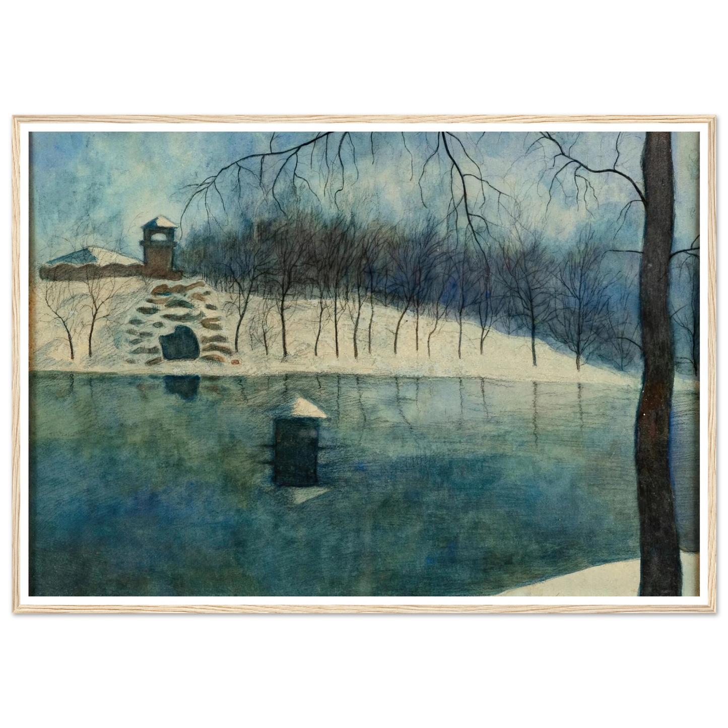 Le parc Léopold d’Ostende avec l’étang et le Trinkhall, sous la neige (1915) Art Print | Leon Spilliaert-Quipham Collections