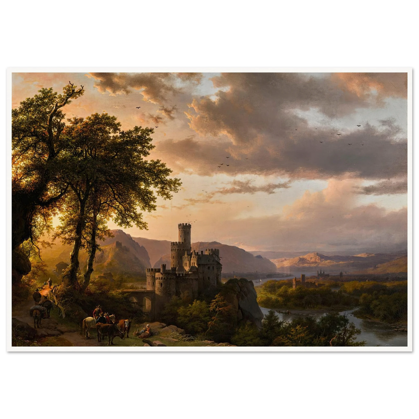 A hilly landscape with castle and travelers on a path (1855) Art Print | Barend Cornelis Koekkoek-Quipham Collections