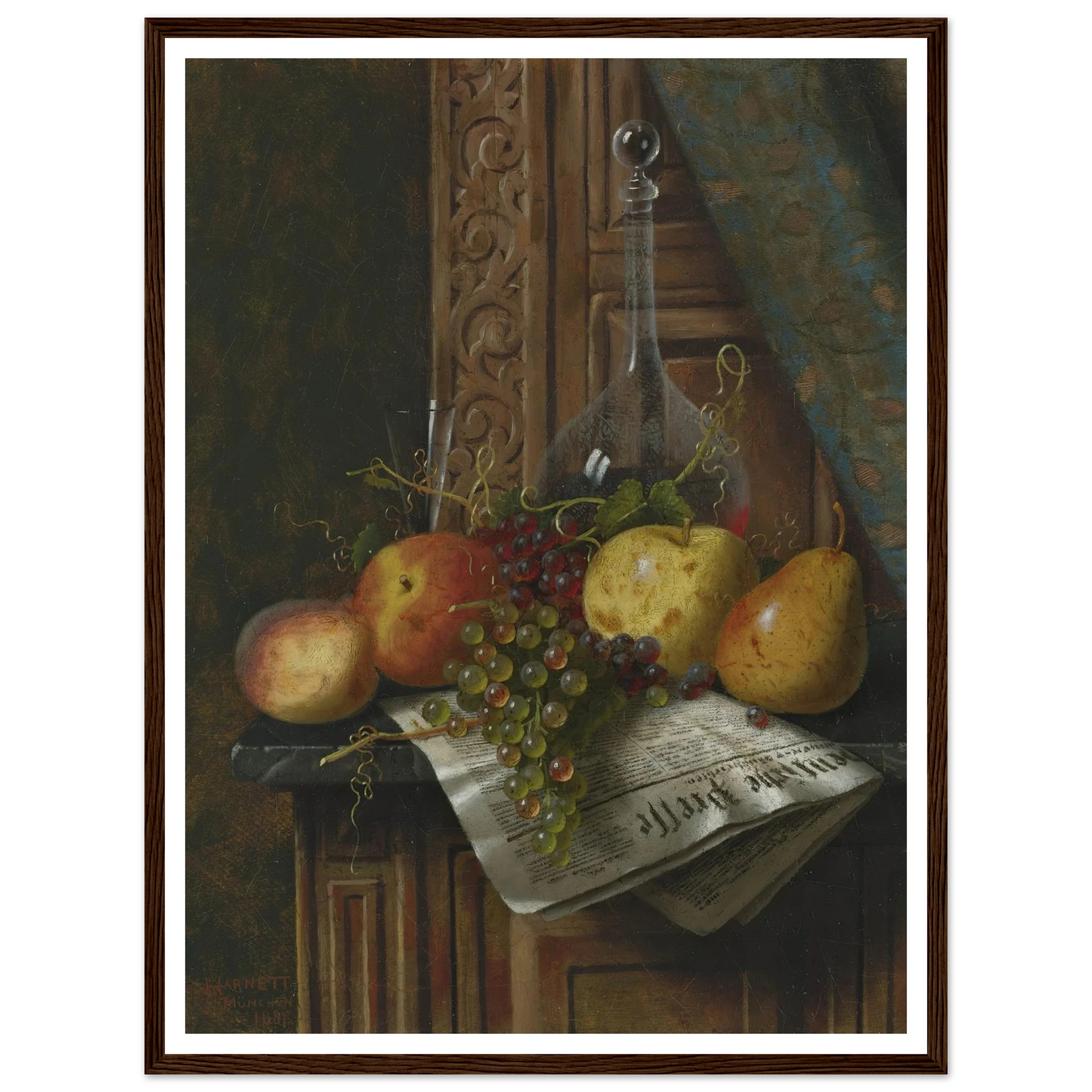 Still Life with Munich Newspaper, Fruit and Decanter (1881) Art Print | William Michael Harnett-Quipham Collections