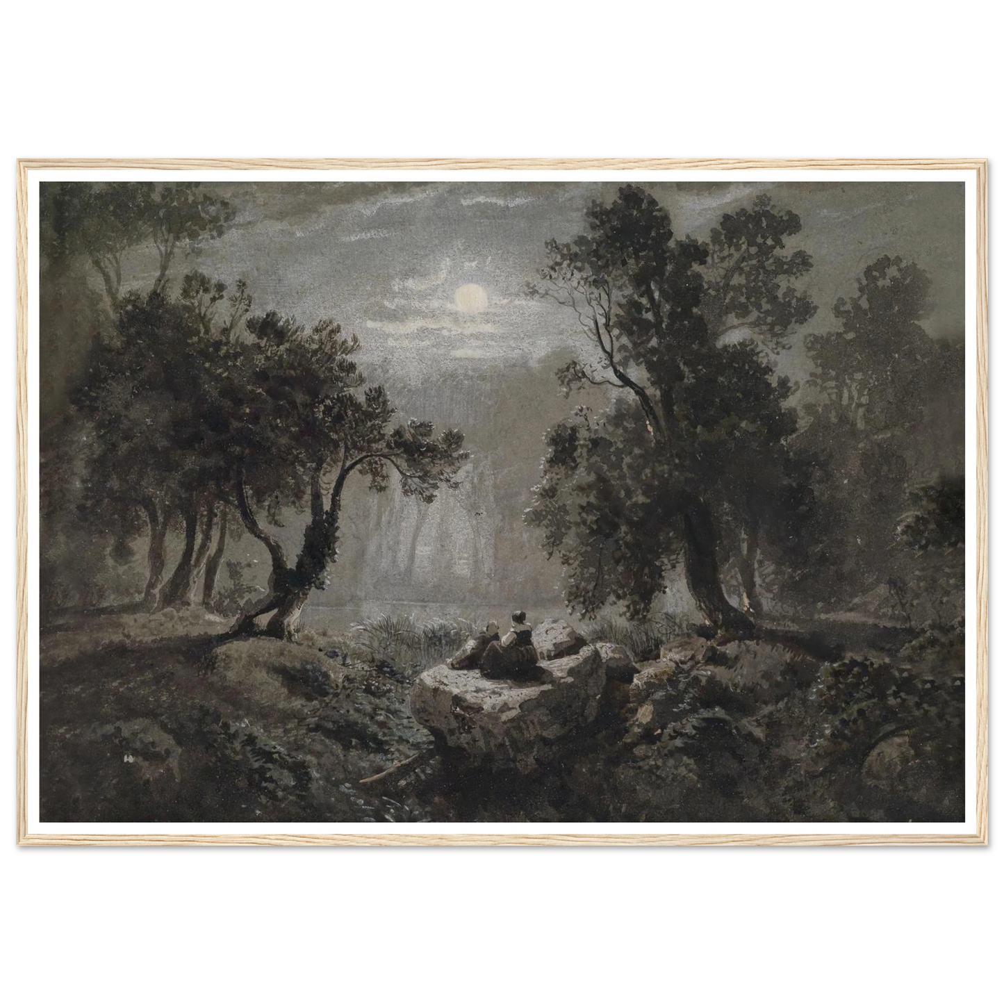 Eine romantische Waldlandschaft im Mondlicht Art Print | Oswald Achenbach-Quipham Collections