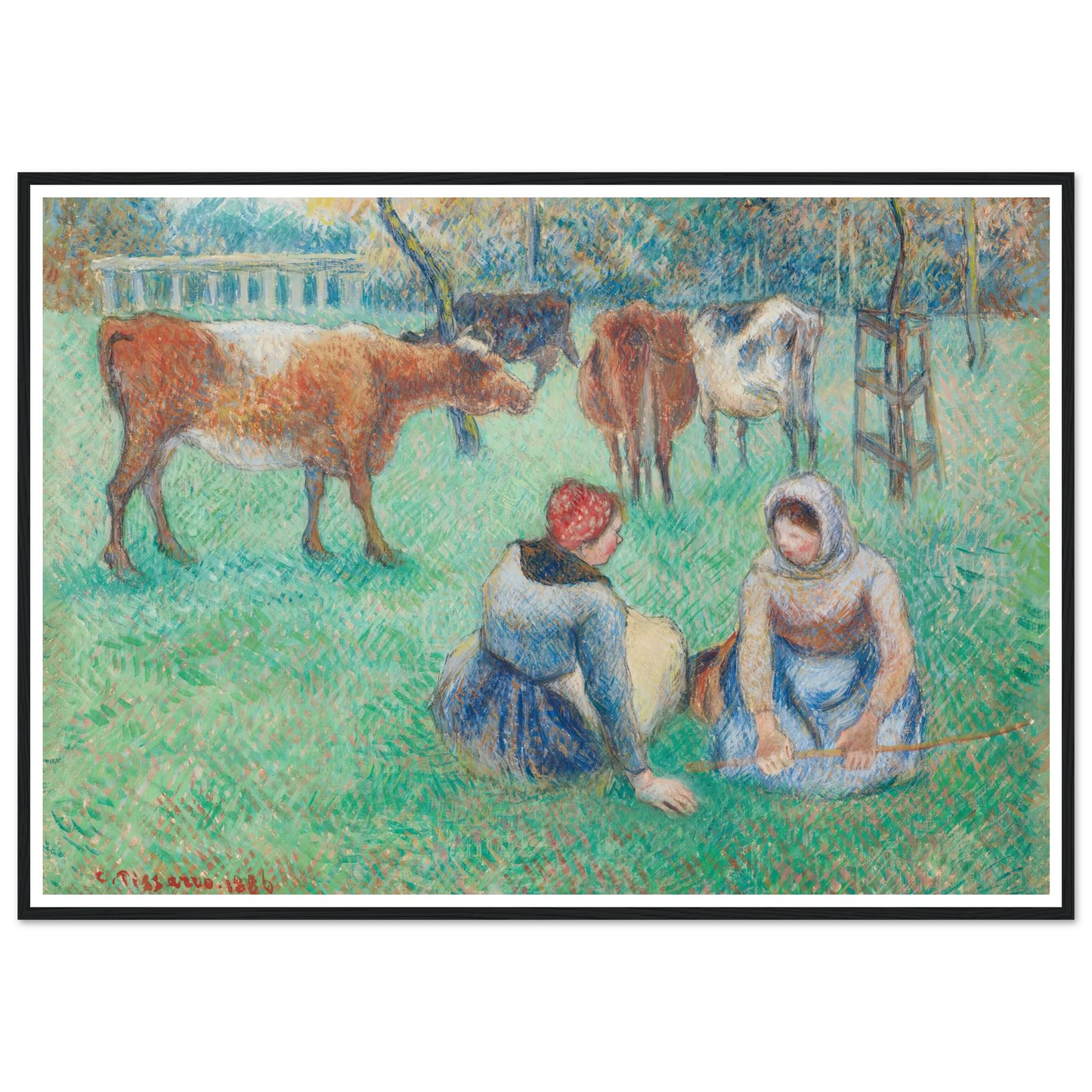 Paysannes assises gardant des vaches (1886) Art Print | Camille Pissarro-Quipham Collections
