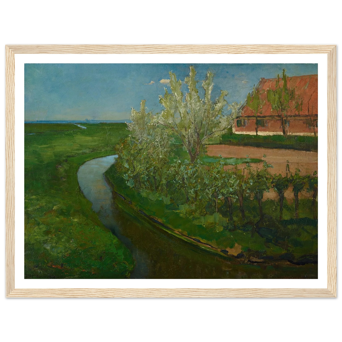 Gebogen irrigatiegracht grenzend aan boerenerf met Bloeiende bomen (Curved Irrigation Ditch Bordering Farmyard with Flowering Trees) (1902) Art Print | Piet Mondrian-Quipham Collections