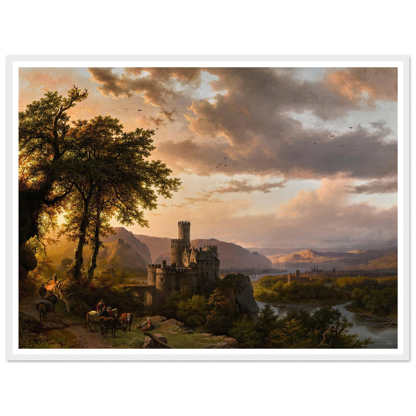 A hilly landscape with castle and travelers on a path (1855) Art Print | Barend Cornelis Koekkoek - Framed Poster - 30x40 cm / 12x16″ - Black frame