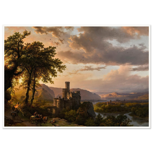 A hilly landscape with castle and travelers on a path (1855) Art Print | Barend Cornelis Koekkoek - Framed Poster - 30x40 cm / 12x16″ - Black frame