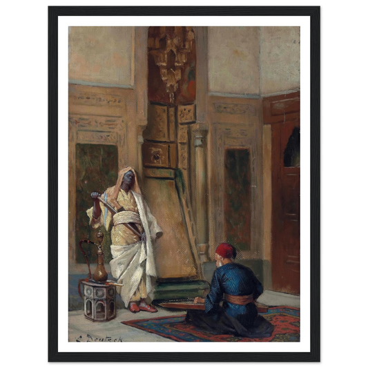 A musician and a guardsman in an oriental interior Art Print | Ludwig Deutsch - Framed Poster - 30x40 cm / 12x16″ - Black frame