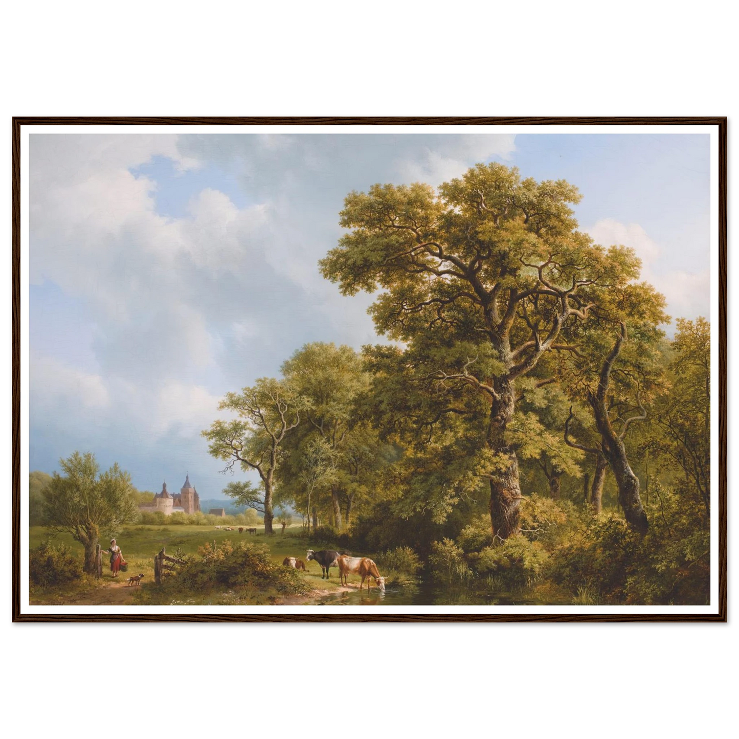 A Summer Landscape With cows Watering, A Castle In The Distance (1836) Art Print | Barend Cornelis Koekkoek - Framed Poster - 30x40 cm / 12x16″ - Black frame