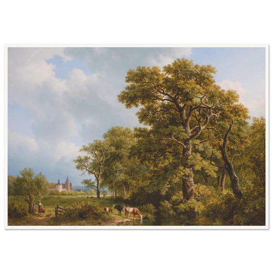 A Summer Landscape With cows Watering, A Castle In The Distance (1836) Art Print | Barend Cornelis Koekkoek - Framed Poster - 30x40 cm / 12x16″ - Black frame