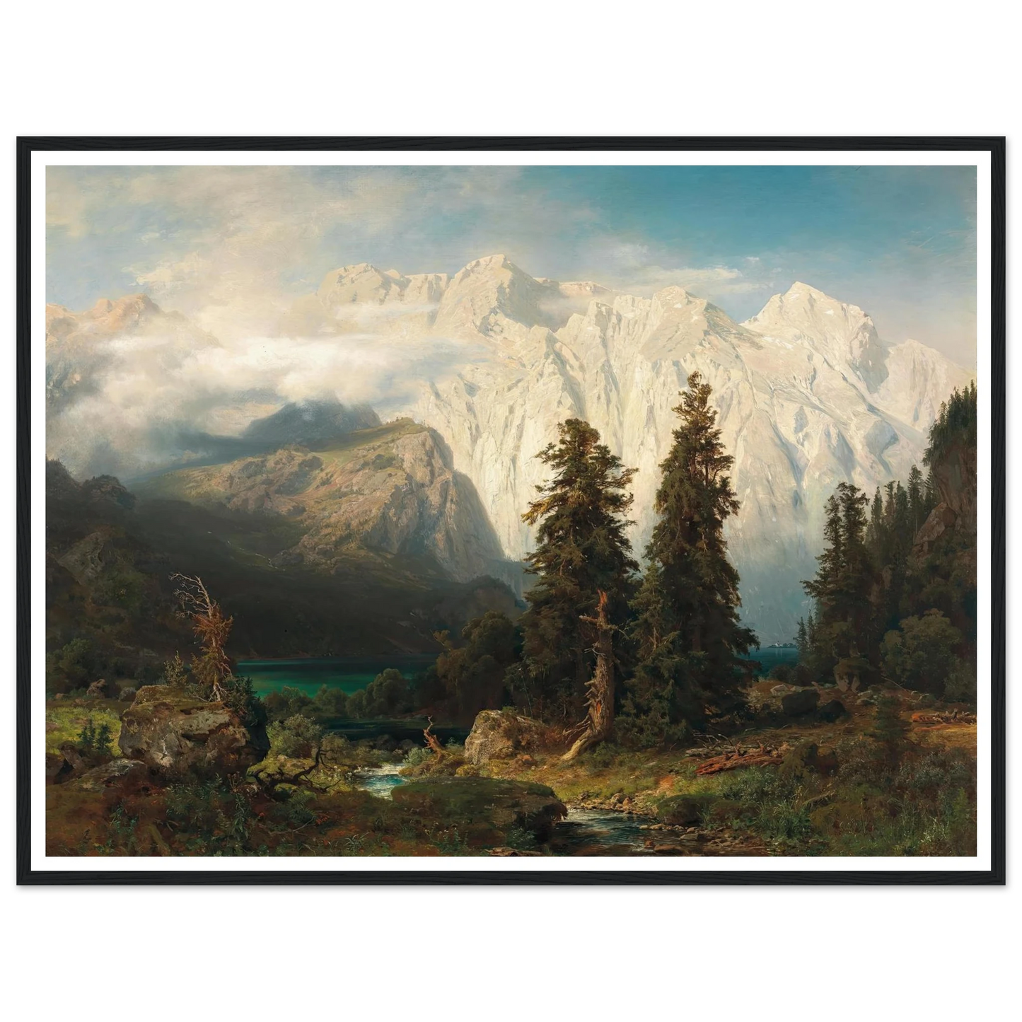 A View of the Watzmann Mountain and Lake Königssee (1856) Art Print | August Wilhelm Leu - Framed Poster - 30x40 cm / 12x16″ - Black frame