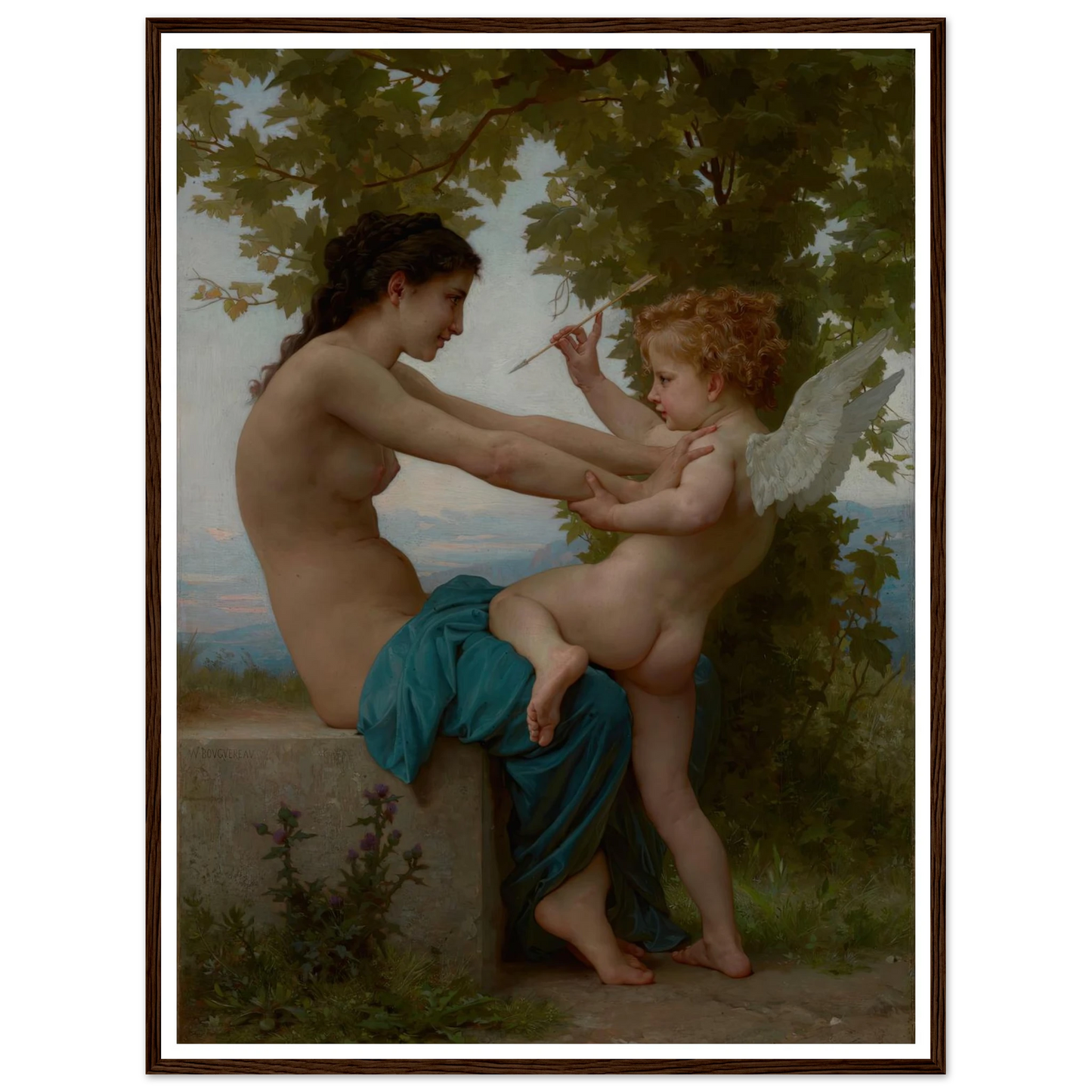 A Young Girl Defending Herself against Eros (about 1880) Art Print | William Bouguereau - Framed Poster - 30x40 cm / 12x16″ - Black frame