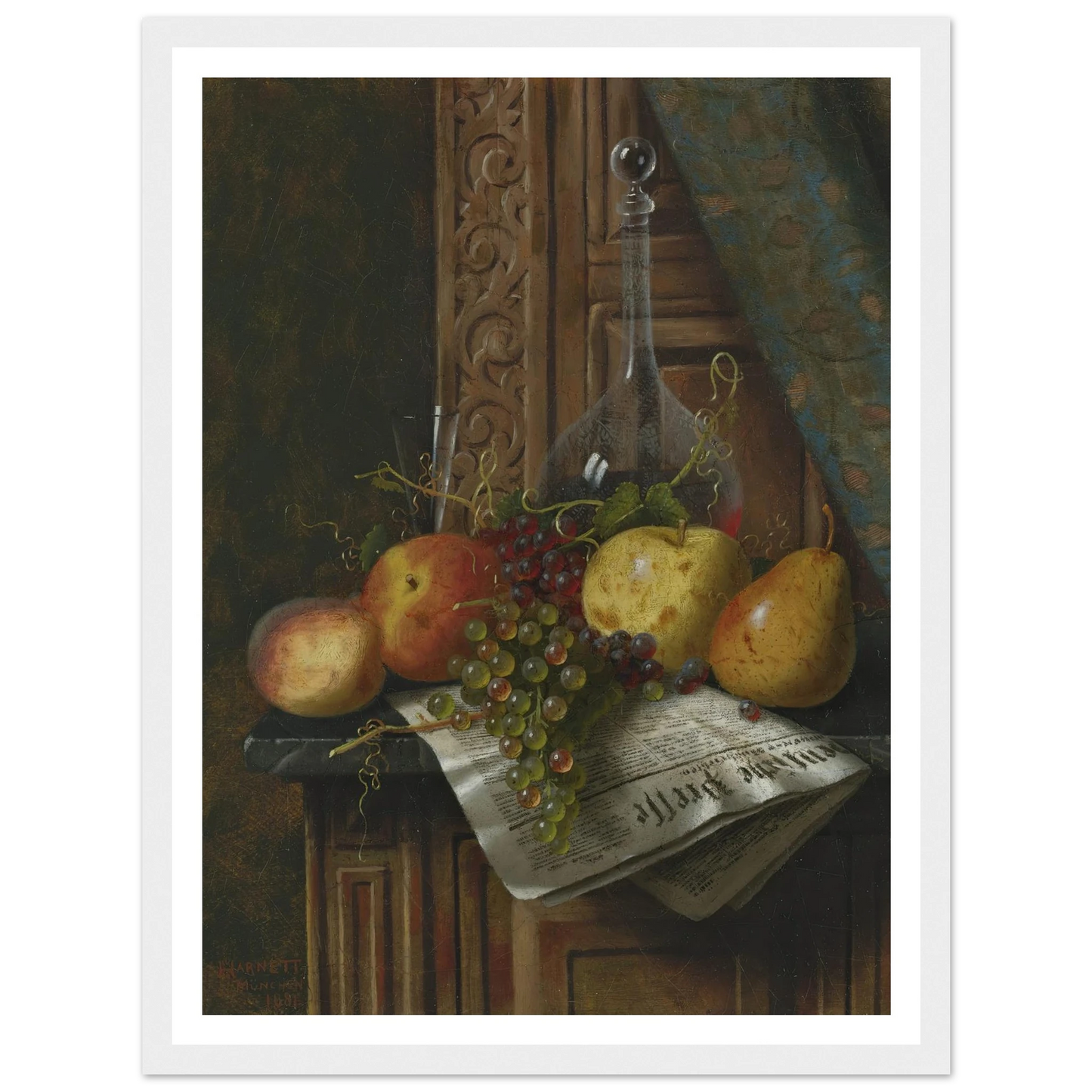 Still Life with Munich Newspaper, Fruit and Decanter (1881) Art Print | William Michael Harnett-Quipham Collections
