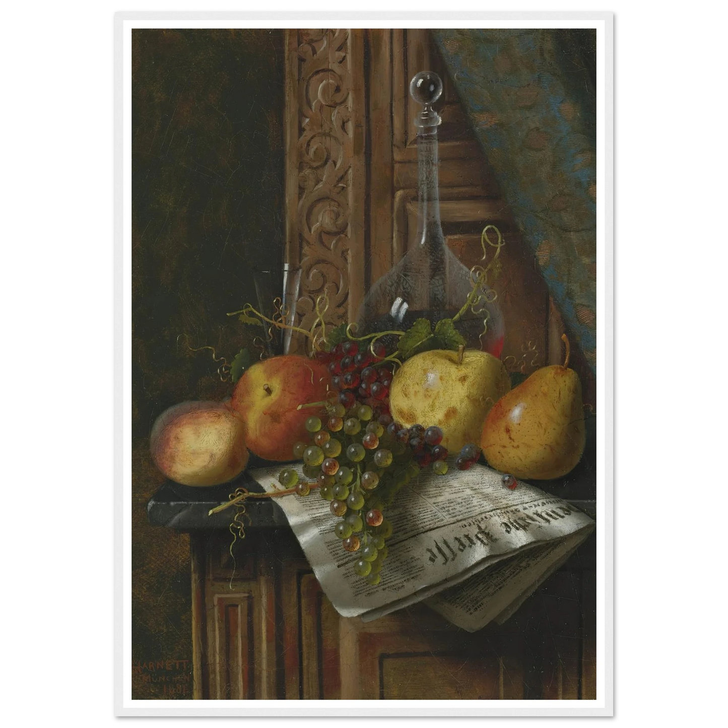 Still Life with Munich Newspaper, Fruit and Decanter (1881) Art Print | William Michael Harnett-Quipham Collections