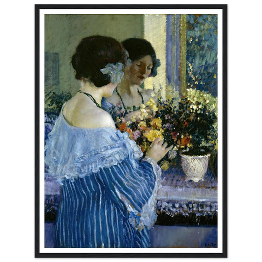 Girl in Blue Arranging Flowers (1915) Art Print | Frederick Carl Frieseke-Quipham Collections