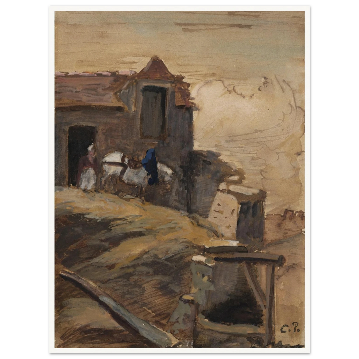 Cheval blanc devant une ferme (circa 1861-64) Art Print | Camille Pissarro-Quipham Collections