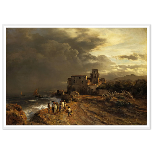 Abziehender Sturm an der italienischen Küste Art Print | Oswald Achenbach - Framed Poster - 30x40 cm / 12x16″ - Black frame