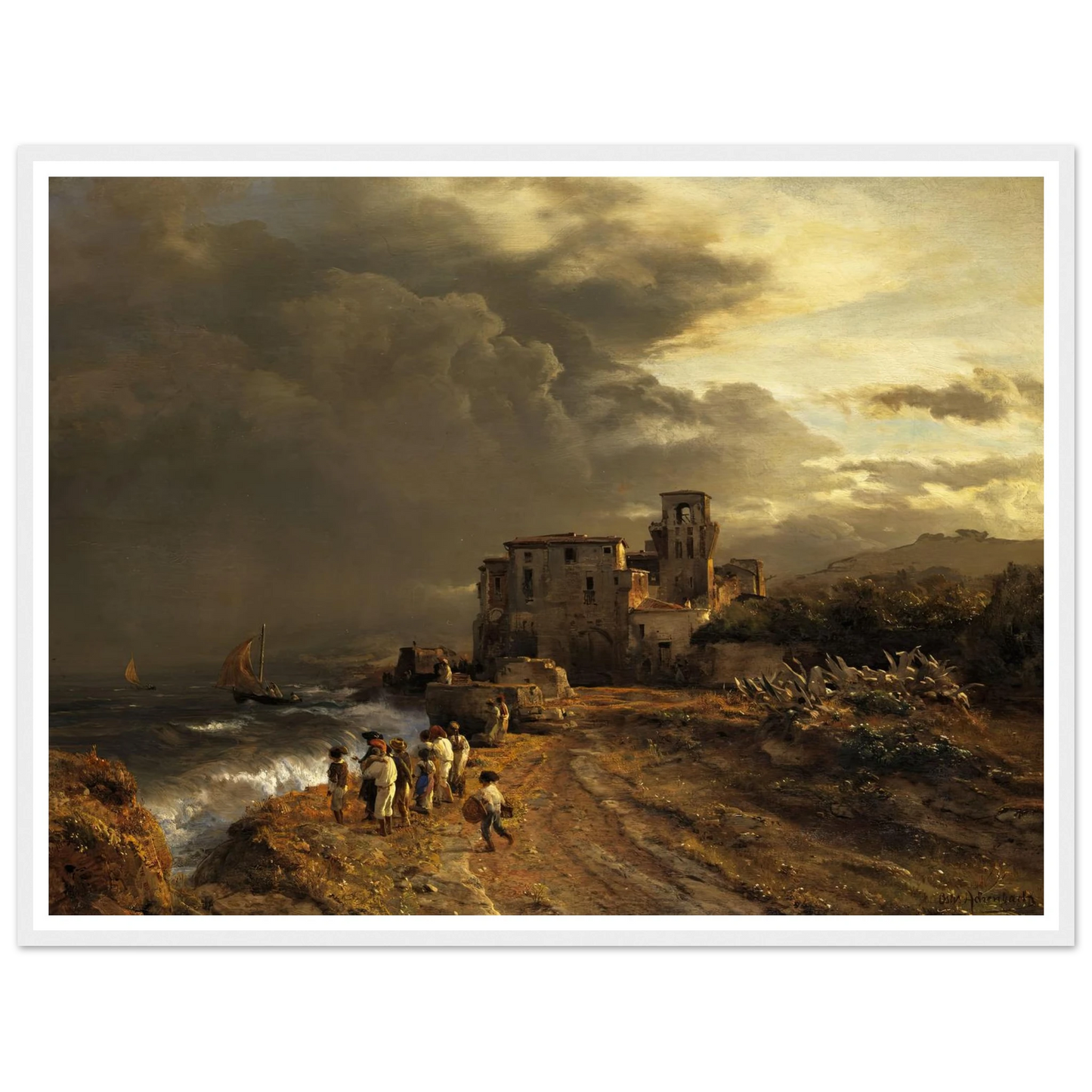 Abziehender Sturm an der italienischen Küste Art Print | Oswald Achenbach - Framed Poster - 30x40 cm / 12x16″ - Black frame
