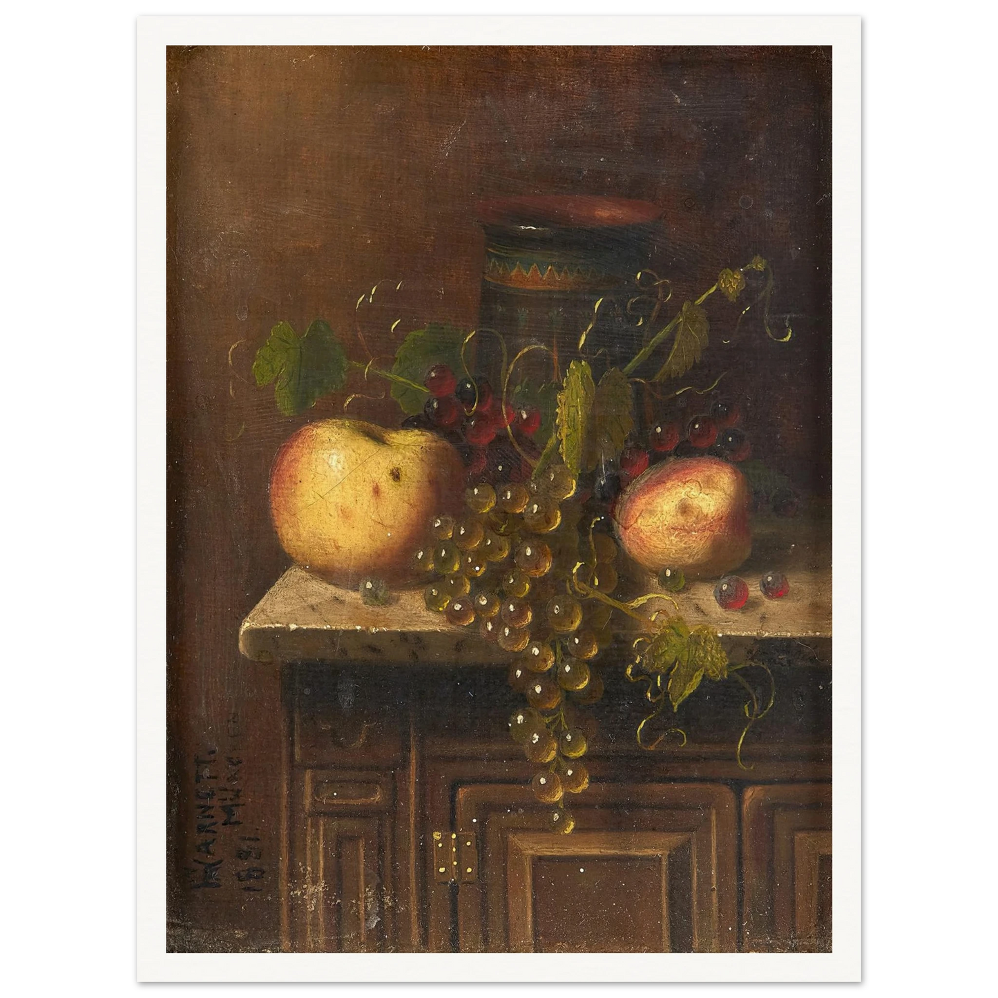 Still Life with Egyptian Vase, Apples and Grapes on a Marble Top Console (1881) Art Print | William Michael Harnett-Quipham Collections