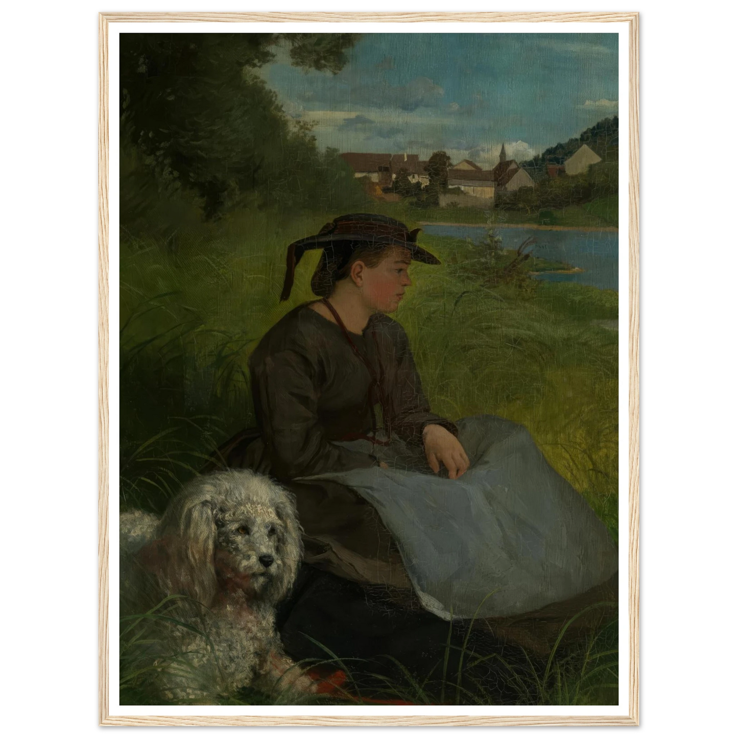 Agathe with white dog (1869) Art Print | Hans Thoma - Framed Poster - 30x40 cm / 12x16″ - Black frame
