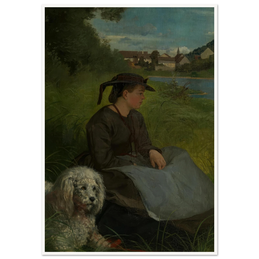 Agathe with white dog (1869) Art Print | Hans Thoma - Framed Poster - 30x40 cm / 12x16″ - Black frame
