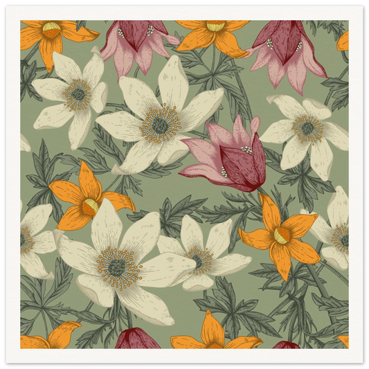 Anemone Grey Dawn Art Print | William Morris Inspired - Framed Poster - 30x30 cm / 12x12″ - Black frame