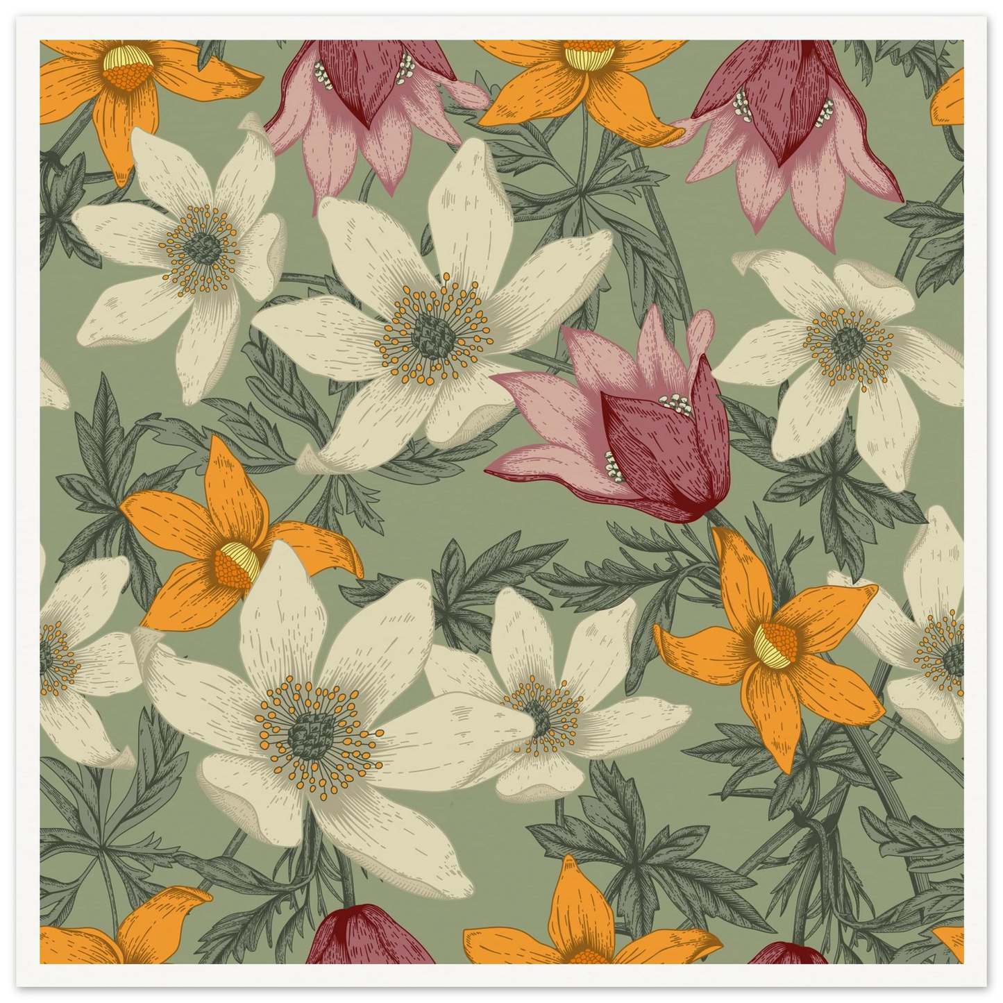 Anemone Grey Dawn Art Print | William Morris Inspired - Framed Poster - 30x30 cm / 12x12″ - Black frame