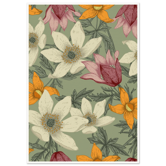Anemone Grey Dawn Art Print | William Morris Inspired - Framed Poster - 30x30 cm / 12x12″ - Black frame