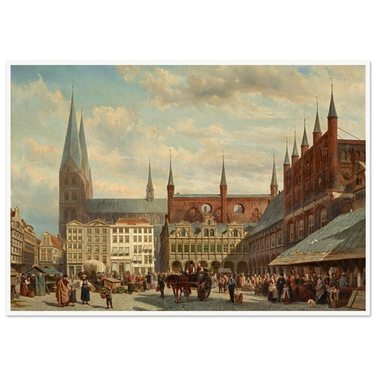 Ansicht des Lübecker Marktes (1870) Art Print | Cornelis Springer - Framed Poster - 30x40 cm / 12x16″ - Black frame