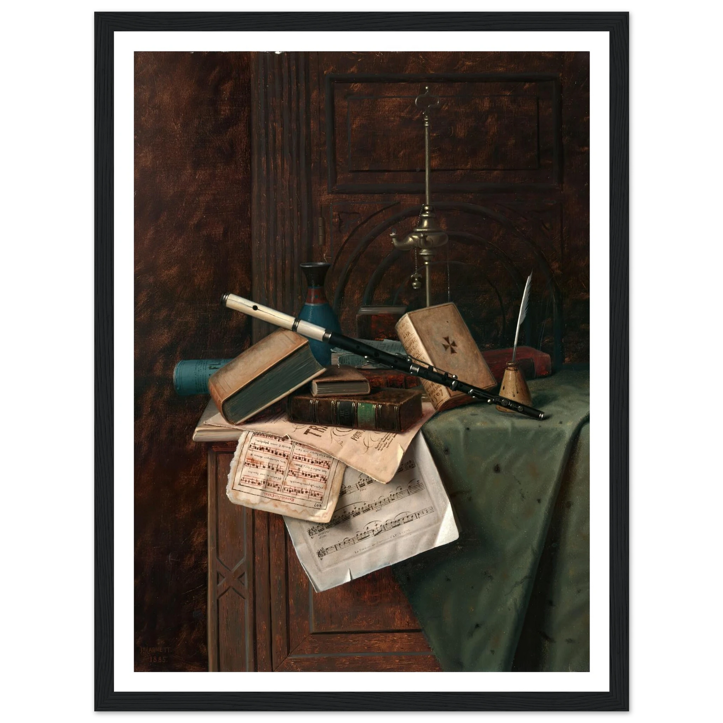 Still Life with Flute, Vase and Roman Lamp (1885) Art Print | William Michael Harnett-Quipham Collections