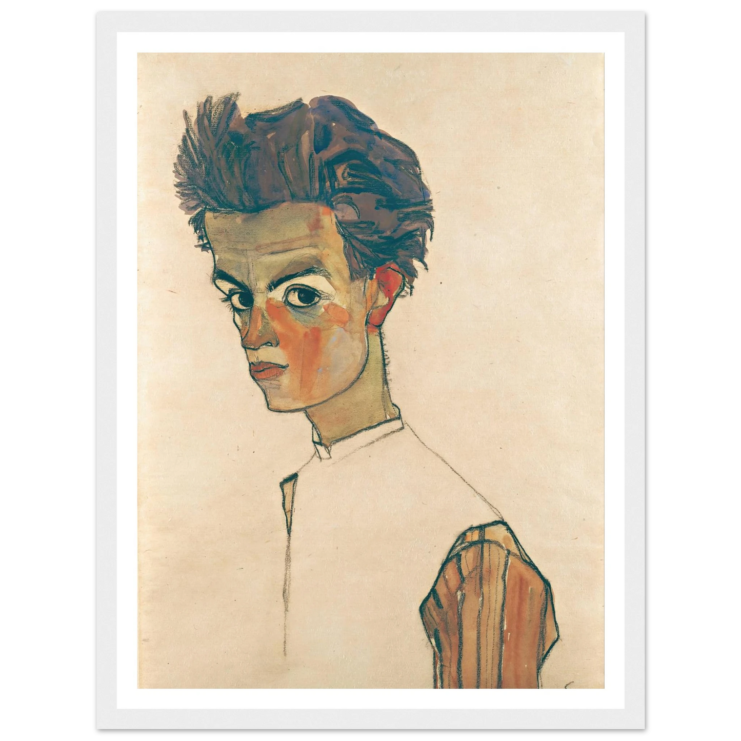 Self-Portrait with Striped Shirt (1910) Art Print | Egon Schiele-Quipham Collections
