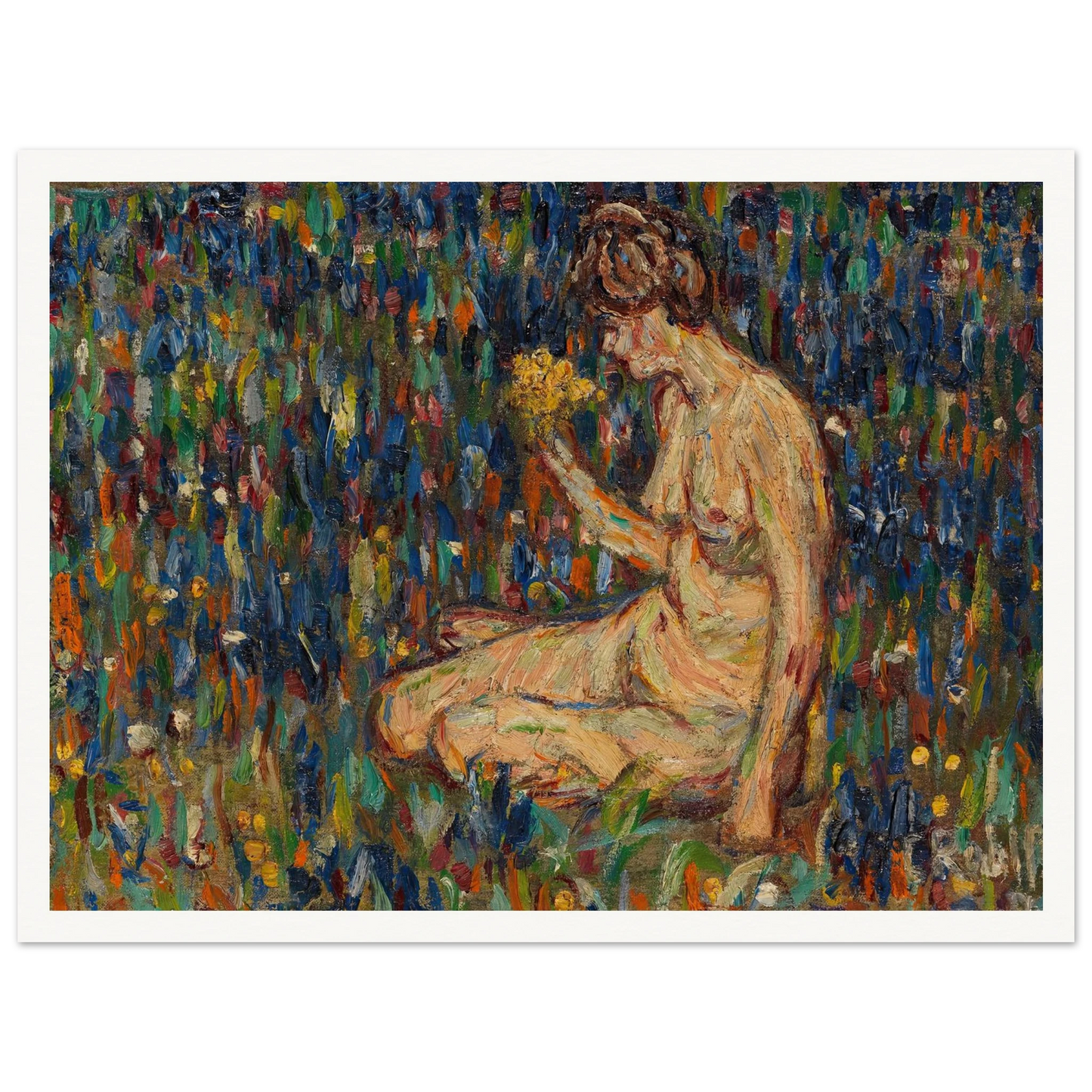 Frauenakt mit gelbem Blumenstrauß (Mädchen auf der Wiese) (1905) Art Print | Christian Rohlfs-Quipham Collections