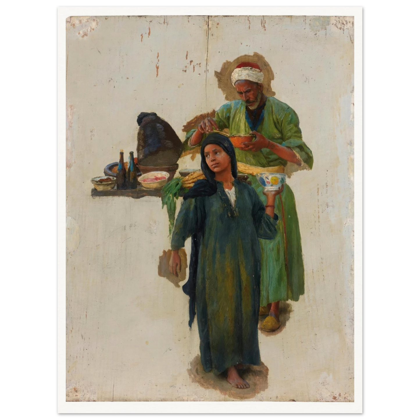 Study Of A Man And A Girl Holding A Bowl Art Print | Ludwig Deutsch-Quipham Collections
