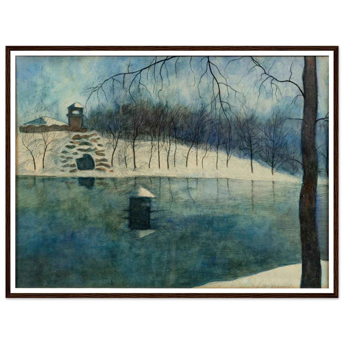 Le parc Léopold d’Ostende avec l’étang et le Trinkhall, sous la neige (1915) Art Print | Leon Spilliaert-Quipham Collections