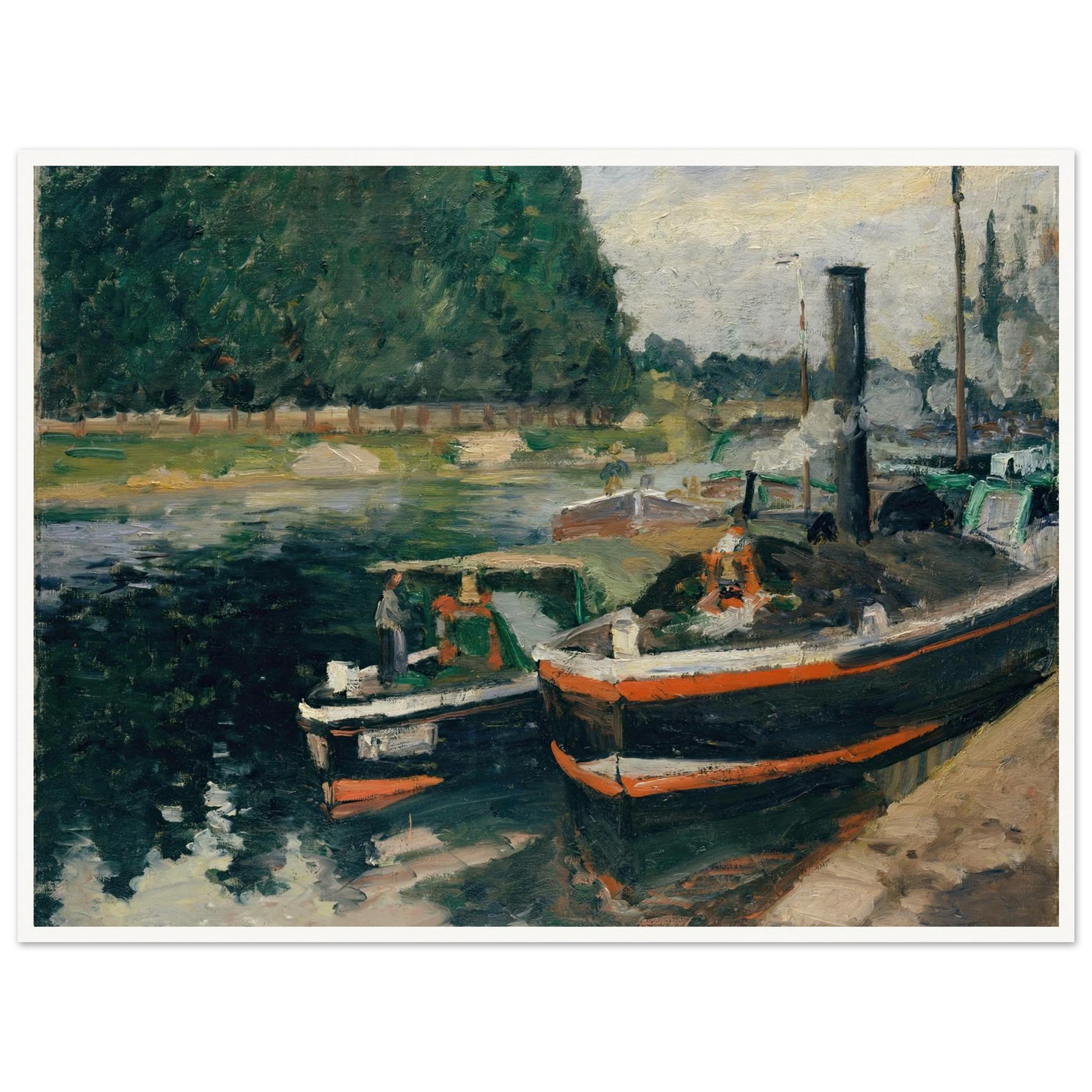 Barges at Pontoise (1876) Art Print | Camille Pissarro - Framed Poster - 30x40 cm / 12x16″ - Black frame