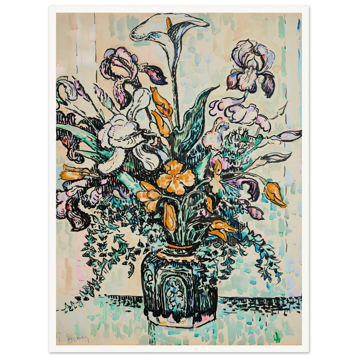 Bouquet (iris, arum, tulipes) dans un vase d’André Metthey (ca 1910) Art Print | Paul Signac-Quipham Collections
