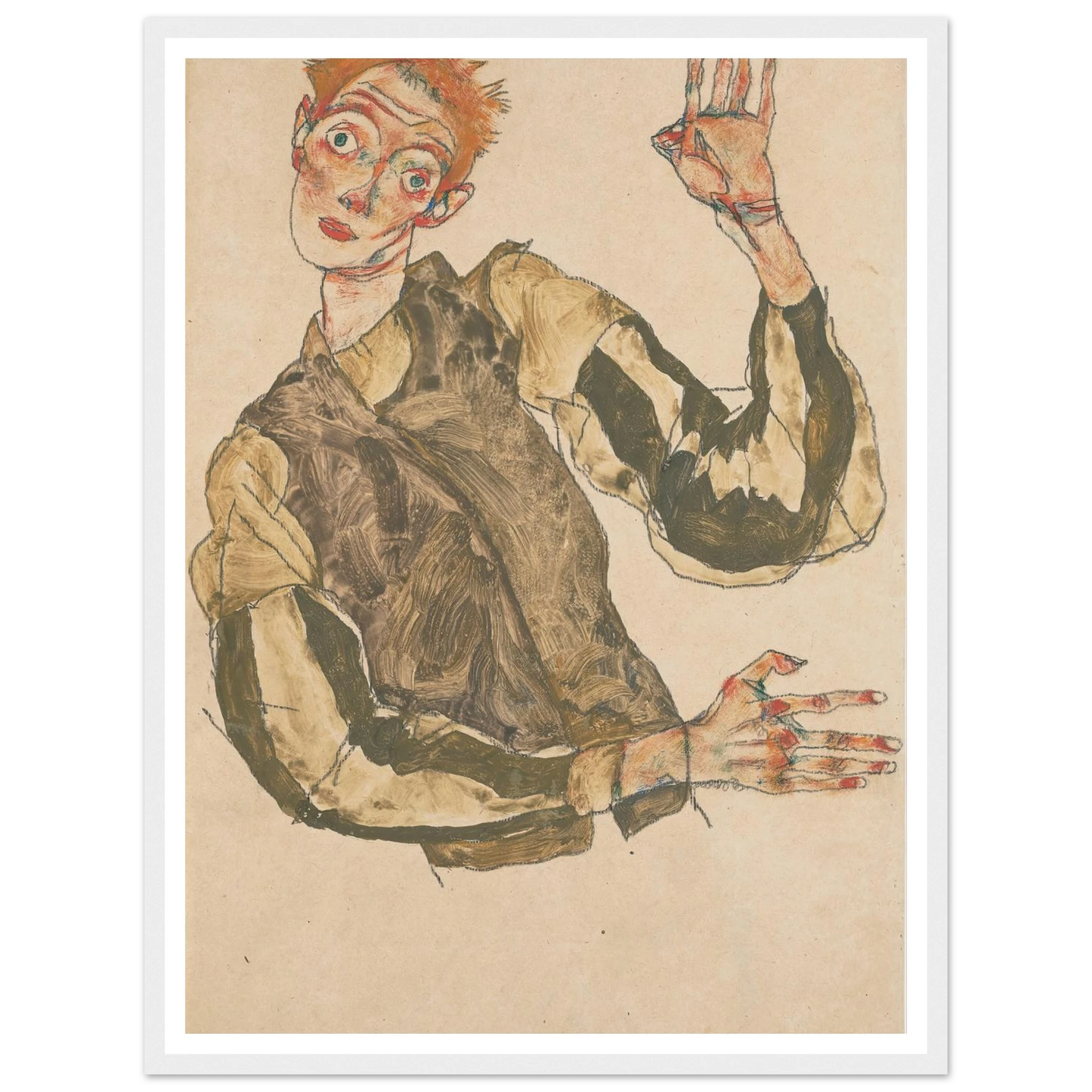Self-Portrait with Striped Sleeves (1915) Art Print | Egon Schiele-Quipham Collections