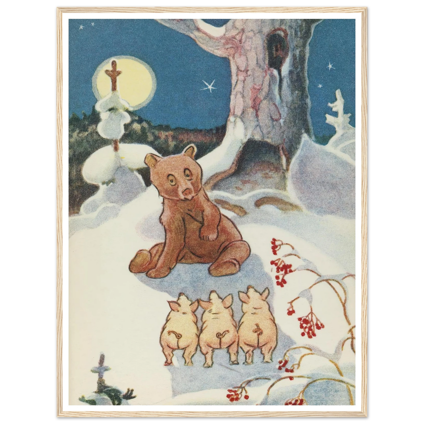 Bear and Pigs Snowy Night - Framed Poster - 30x40 cm / 12x16″ - Black frame