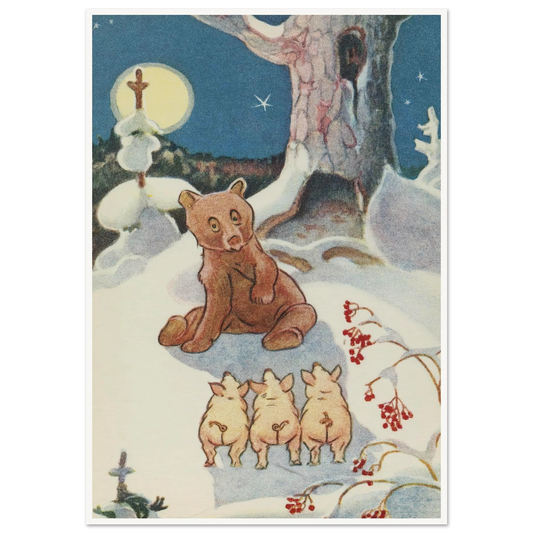 Bear and Pigs Snowy Night - Framed Poster - 30x40 cm / 12x16″ - Black frame
