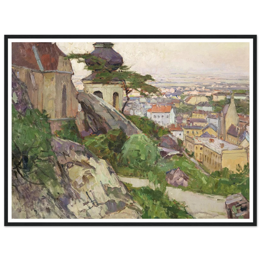 Blick auf Mödling von dem Weg zum Liechtenstein oberhalb der Pfarrkirche herab auf die Stadt (1942) Art Print | Carl Moll - Framed Poster - 30x40 cm / 12x16″ - Black frame