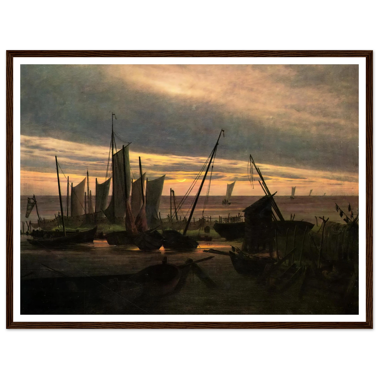 Boats in the Harbour at Evening (1828) Art Print | Caspar David Friedrich - Framed Poster - 30x40 cm / 12x16″ - Black frame