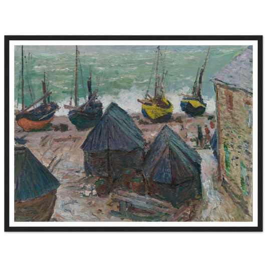 Boats on the Beach at Étretat (1885) Art Print | Claude Monet - Framed Poster - 30x40 cm / 12x16″ - Black frame