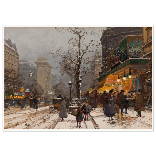 Boulevard Bonne – Nouvelle sous la neige Art Print | Eugene Galien Laloue - Framed Poster - 30x40 cm / 12x16″ - Black frame